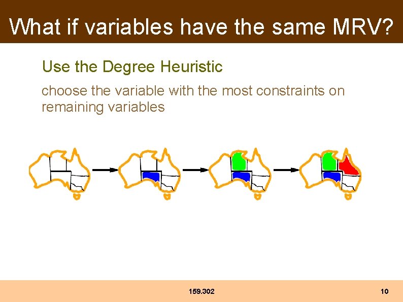 What if variables have the same MRV? Use the Degree Heuristic choose the variable What if variables have the same MRV? Use the Degree Heuristic choose the variable
