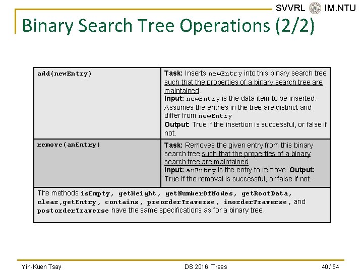 SVVRL @ IM. NTU Binary Search Tree Operations (2/2) add(new. Entry) Task: Inserts new.