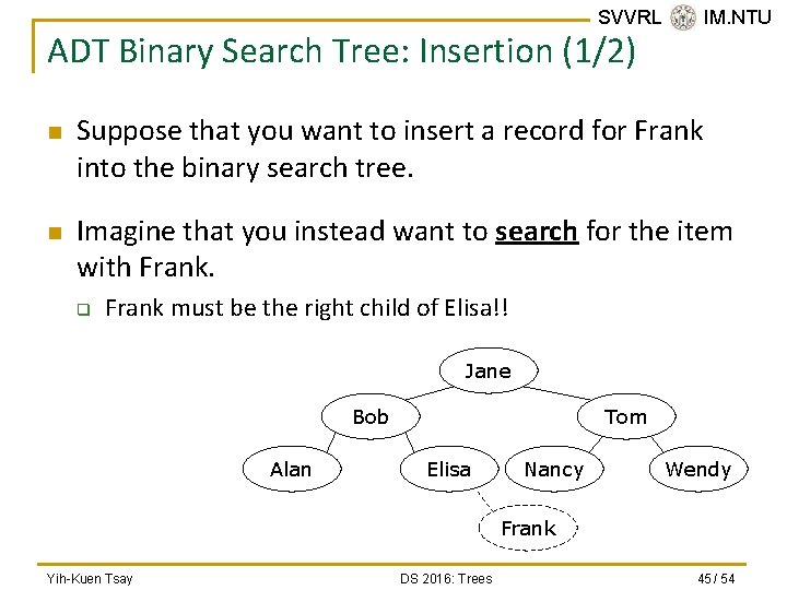 SVVRL @ IM. NTU ADT Binary Search Tree: Insertion (1/2) n n Suppose that