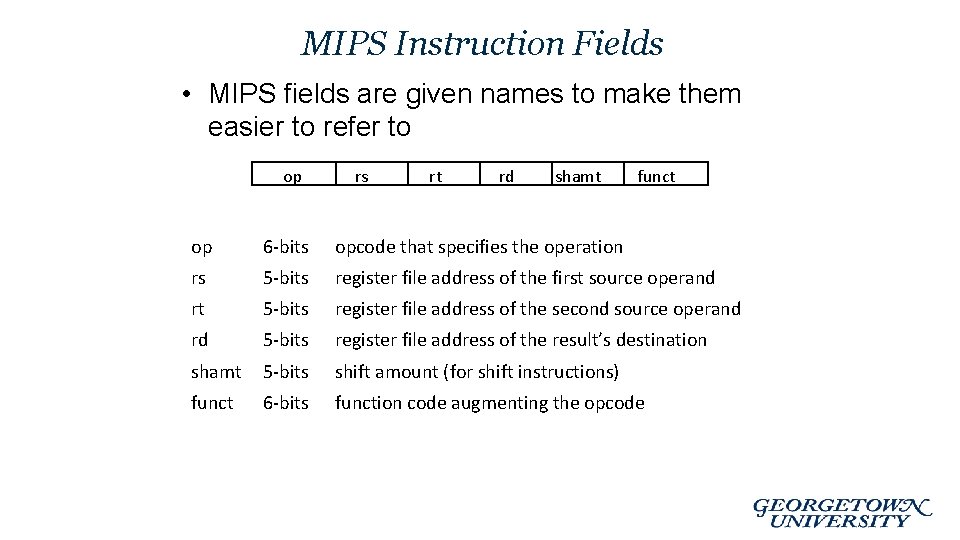 MIPS Instruction Fields • MIPS fields are given names to make them easier to