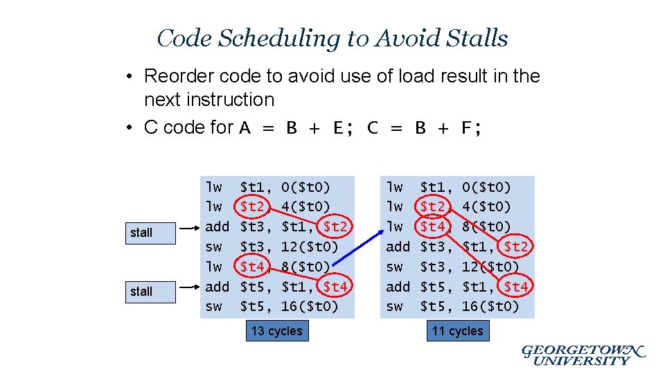 Code Scheduling to Avoid Stalls • Reorder code to avoid use of load result