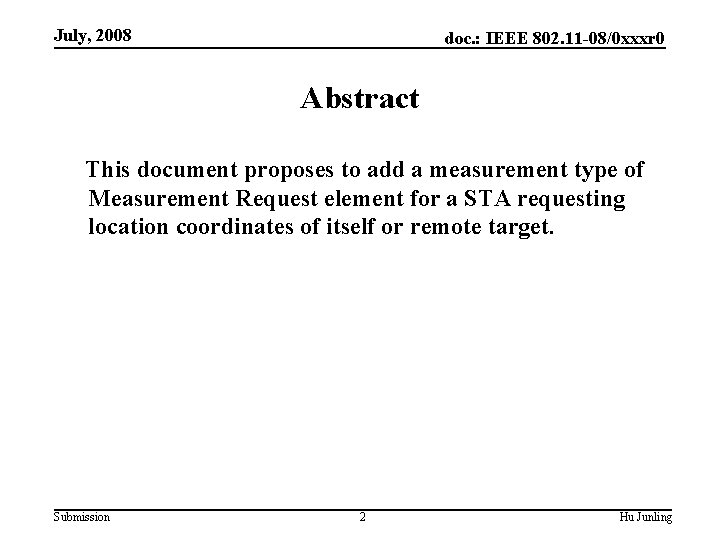 July, 2008 doc. : IEEE 802. 11 -08/0 xxxr 0 Abstract This document proposes