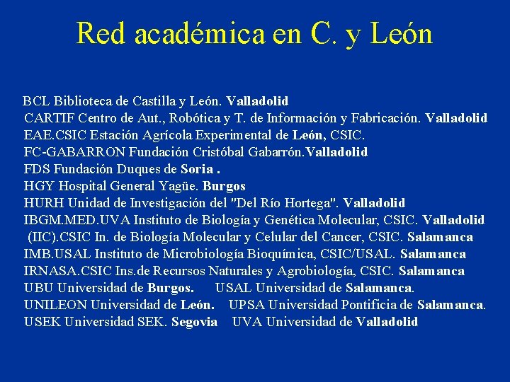 Red académica en C. y León BCL Biblioteca de Castilla y León. Valladolid CARTIF