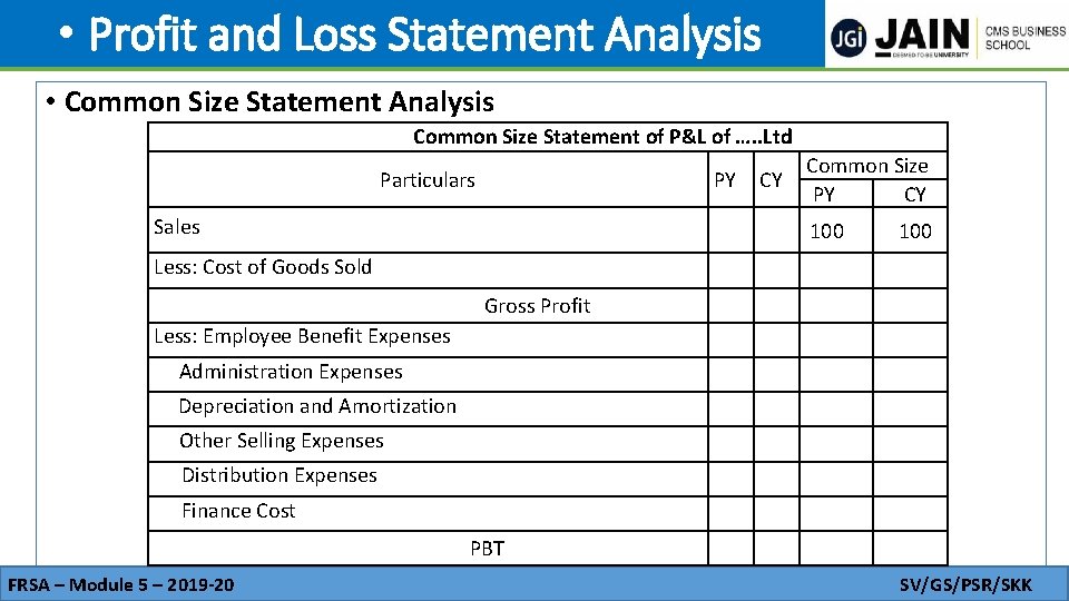  • Profit and Loss Statement Analysis • Common Size Statement Analysis Common Size