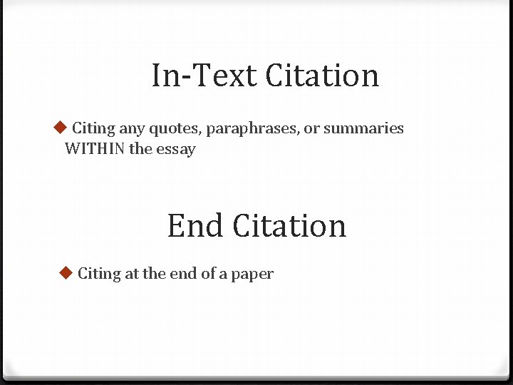 In-Text Citation u Citing any quotes, paraphrases, or summaries WITHIN the essay End Citation