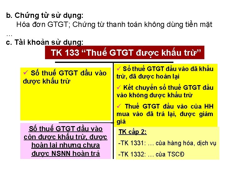 b. Chứng từ sử dụng: Hóa đơn GTGT; Chứng từ thanh toán không dùng