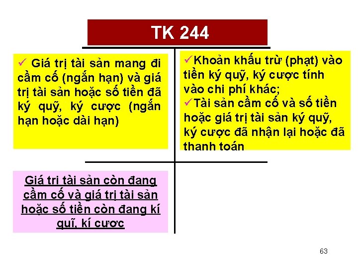TK 244 ü Giá trị tài sản mang đi cầm cố (ngắn hạn) và