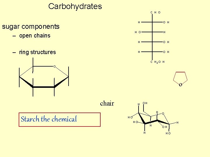 Carbohydrates C H O H sugar components O H H O – open chains Carbohydrates C H O H sugar components O H H O – open chains