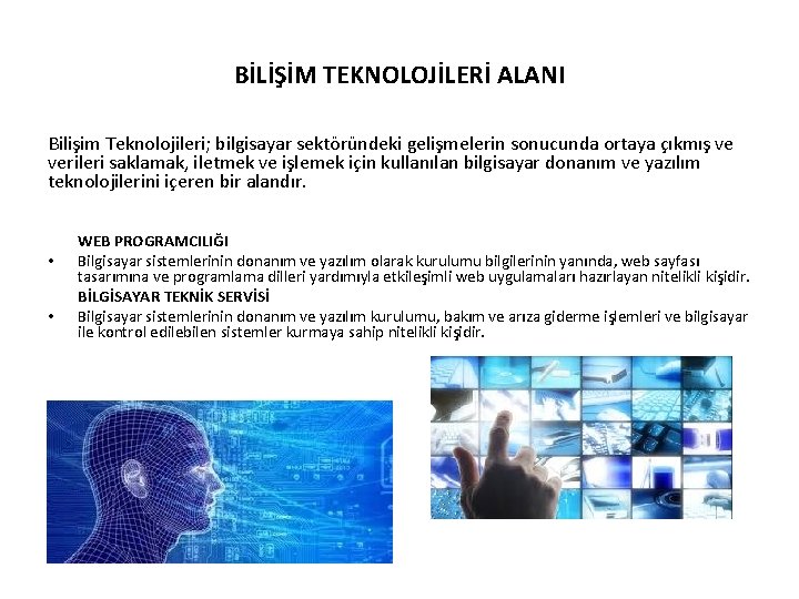 BİLİŞİM TEKNOLOJİLERİ ALANI Bilişim Teknolojileri; bilgisayar sektöründeki gelişmelerin sonucunda ortaya çıkmış ve verileri saklamak,