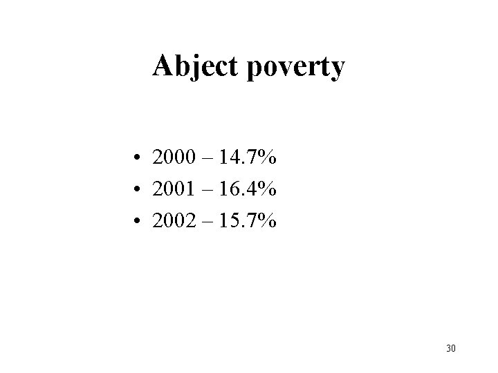Abject poverty • 2000 – 14. 7% • 2001 – 16. 4% • 2002