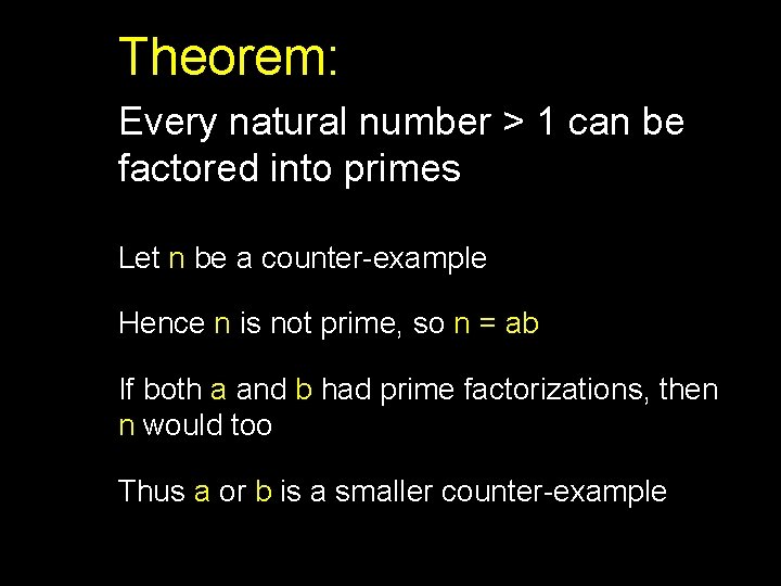 Theorem: Every natural number > 1 can be factored into primes Let n be