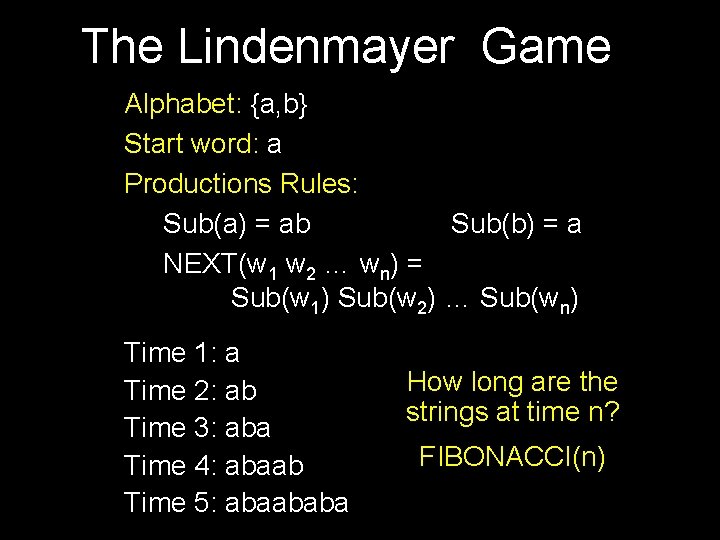 The Lindenmayer Game Alphabet: {a, b} Start word: a Productions Rules: Sub(a) = ab