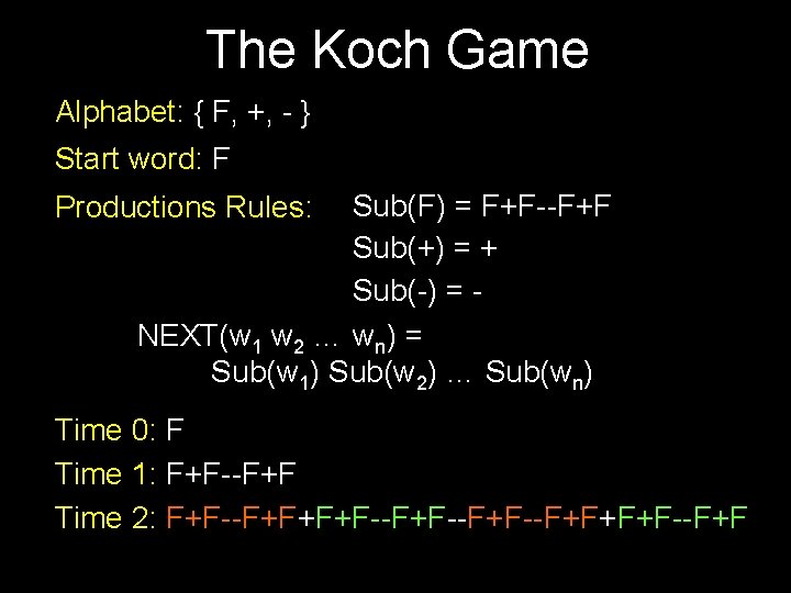 The Koch Game Alphabet: { F, +, - } Start word: F Sub(F) =