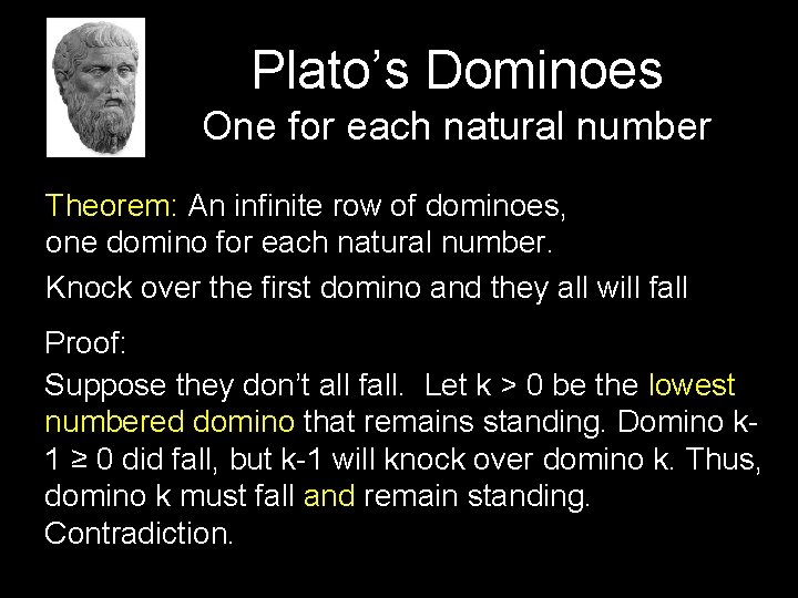 Plato’s Dominoes One for each natural number Theorem: An infinite row of dominoes, one