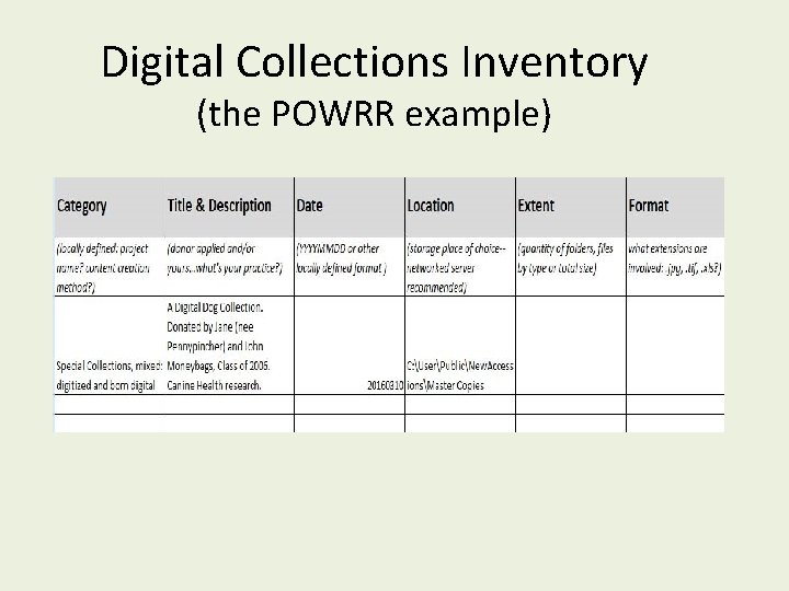 Digital Collections Inventory (the POWRR example) 