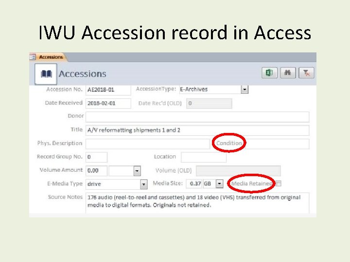 IWU Accession record in Access 