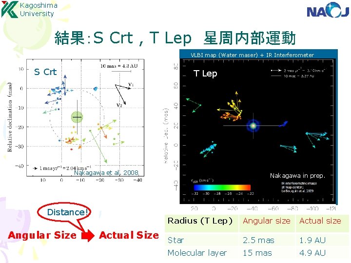 Kagoshima University 結果：S Crt , T Lep 星周内部運動 VLBI map (Water maser) + IR
