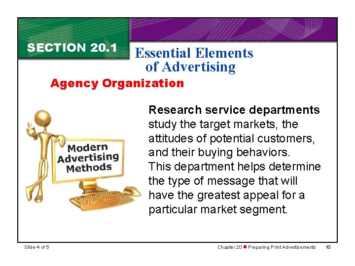 SECTION 20. 1 Essential Elements of Advertising Agency Organization Research service departments study the SECTION 20. 1 Essential Elements of Advertising Agency Organization Research service departments study the