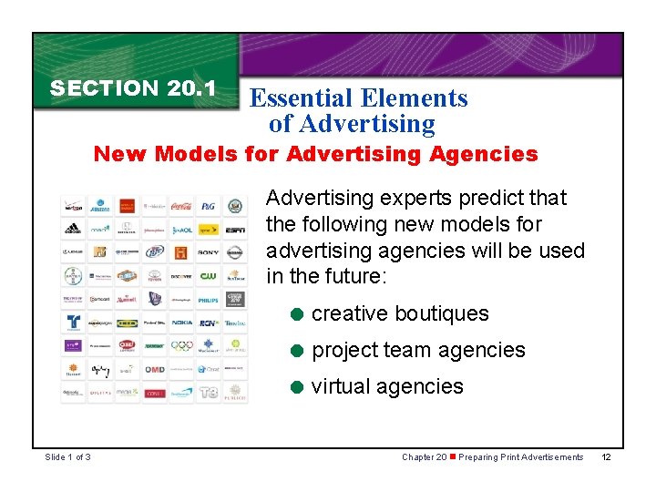 SECTION 20. 1 Essential Elements of Advertising New Models for Advertising Agencies Advertising experts SECTION 20. 1 Essential Elements of Advertising New Models for Advertising Agencies Advertising experts