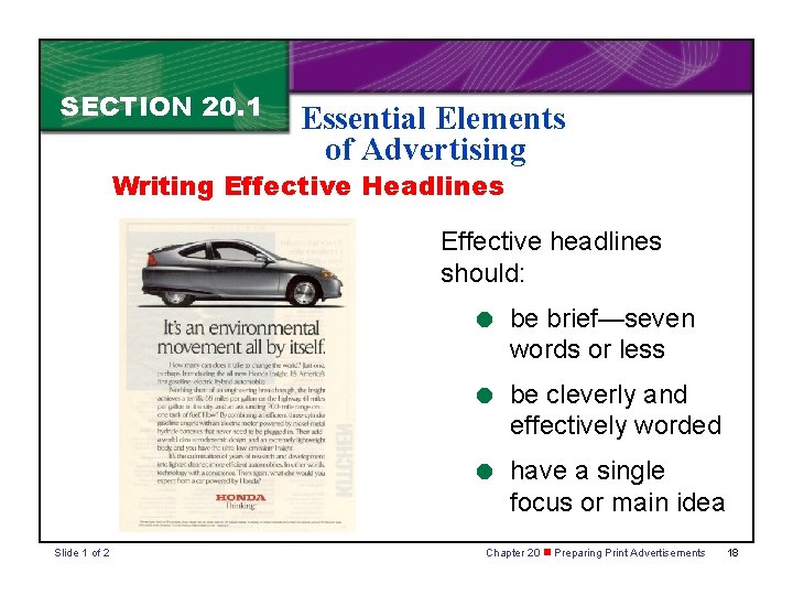 SECTION 20. 1 Essential Elements of Advertising Writing Effective Headlines Effective headlines should: = SECTION 20. 1 Essential Elements of Advertising Writing Effective Headlines Effective headlines should: =