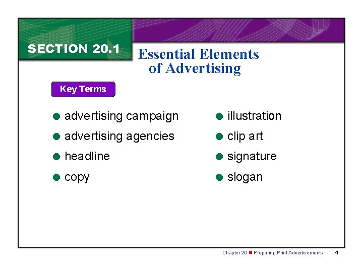 SECTION 20. 1 Essential Elements of Advertising Key Terms = advertising campaign = illustration SECTION 20. 1 Essential Elements of Advertising Key Terms = advertising campaign = illustration