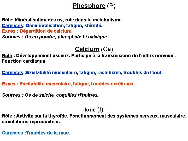 Phosphore (P) Rôle: Minéralisation des os, rôle dans le métabolisme. Carences: Déminéralisation, fatigue, stérilité.