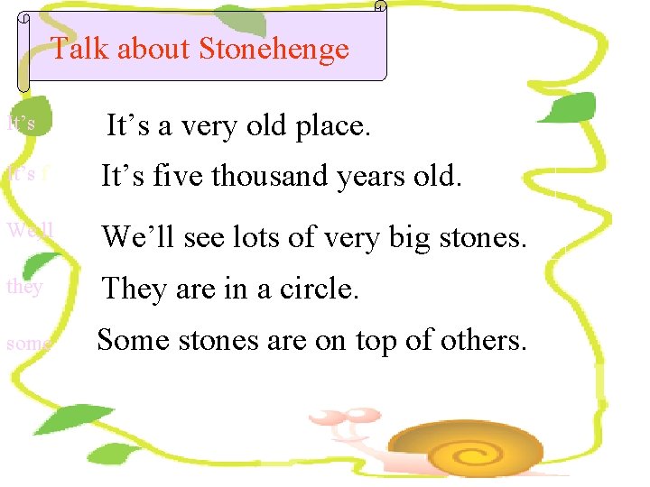 Talk about Stonehenge It’s a very old place. It’s five thousand years old. We,