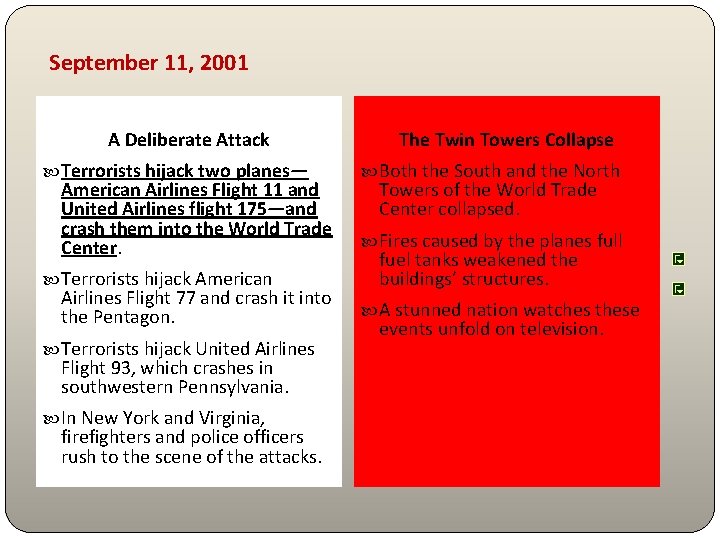 September 11, 2001 A Deliberate Attack Terrorists hijack two planes— American Airlines Flight 11