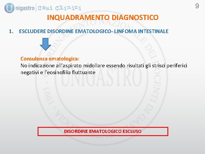 9 INQUADRAMENTO DIAGNOSTICO 1. ESCLUDERE DISORDINE EMATOLOGICO- LINFOMA INTESTINALE Consulenza ematologica: No indicazione all’aspirato