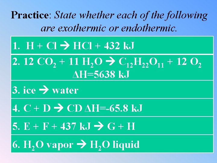 Practice: State whether each of the following are exothermic or endothermic. 1. H +