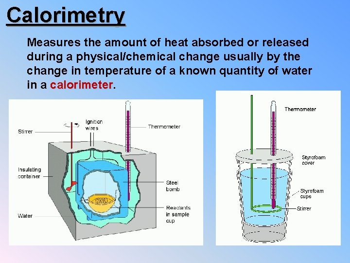 Calorimetry Measures the amount of heat absorbed or released during a physical/chemical change usually