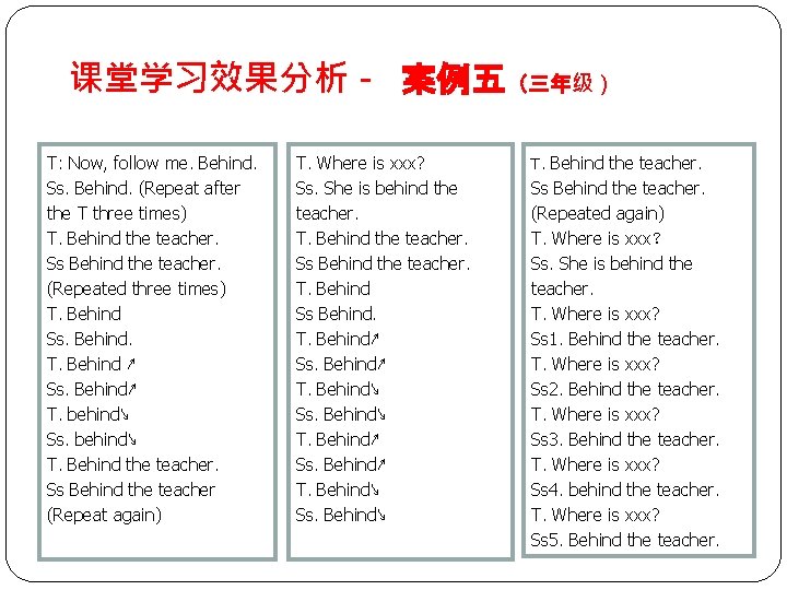 课堂学习效果分析－ 案例五（三年级） T: Now, follow me. Behind. Ss. Behind. (Repeat after the T three