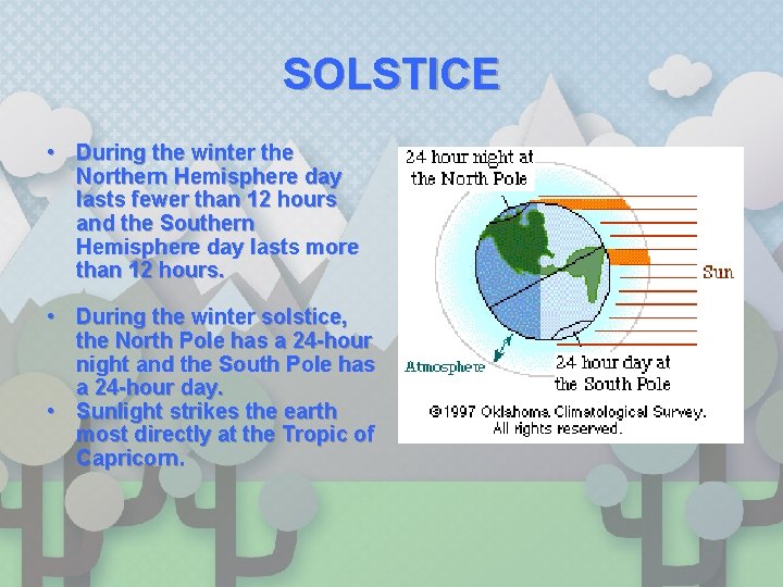 SOLSTICE • During the winter the Northern Hemisphere day lasts fewer than 12 hours