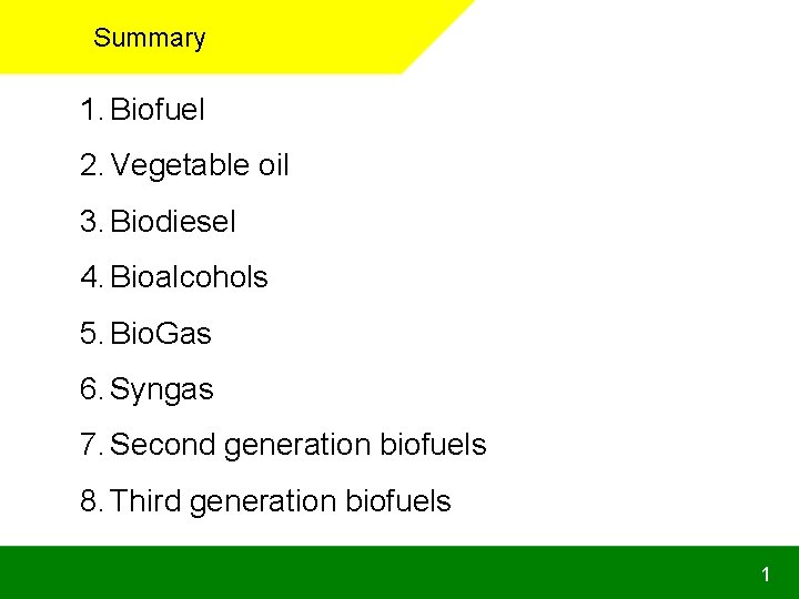 Summary 1. Biofuel 2. Vegetable oil 3. Biodiesel 4. Bioalcohols 5. Bio. Gas 6.