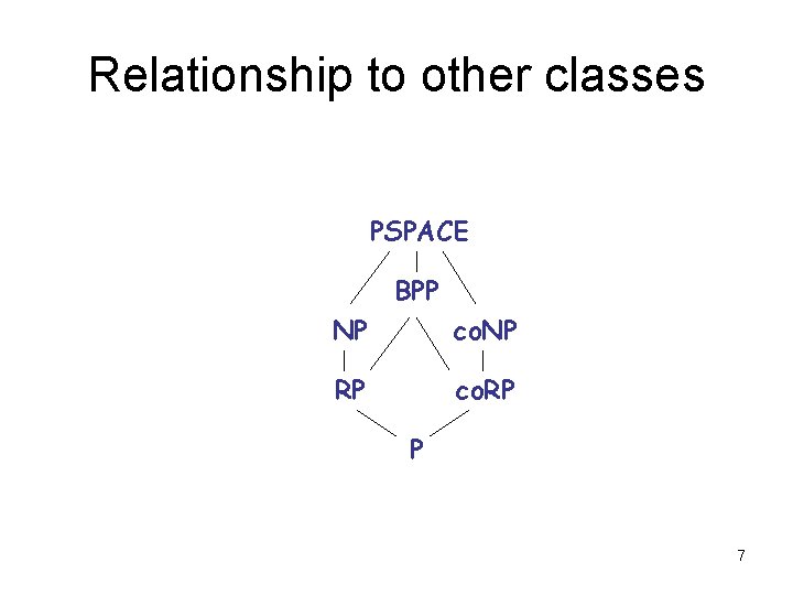 Relationship to other classes PSPACE BPP NP co. NP RP co. RP P 7