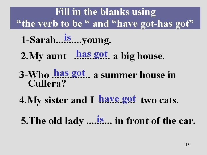 Fill in the blanks using “the verb to be “ and “have got-has got”