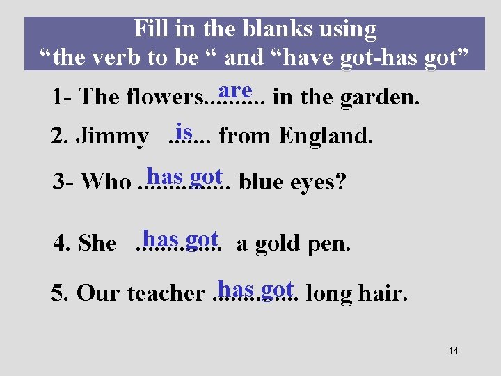 Fill in the blanks using “the verb to be “ and “have got-has got”