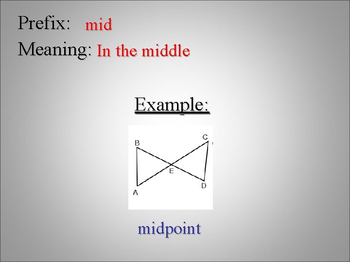 Prefix: mid Meaning: In the middle Example: midpoint 