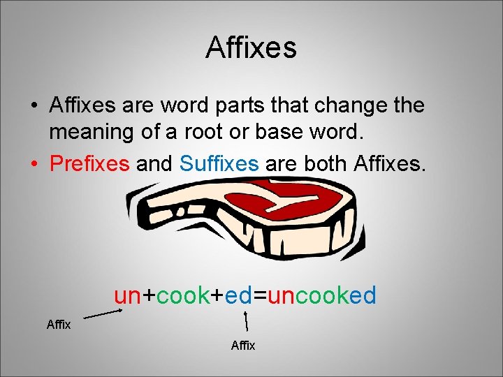 Affixes • Affixes are word parts that change the meaning of a root or