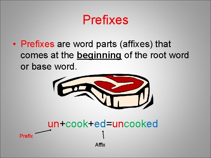 Prefixes • Prefixes are word parts (affixes) that comes at the beginning of the