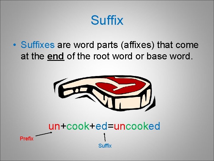 Suffix • Suffixes are word parts (affixes) that come at the end of the