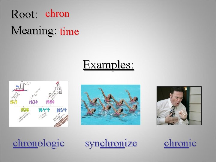 Root: chron Meaning: time Examples: chronologic synchronize chronic 