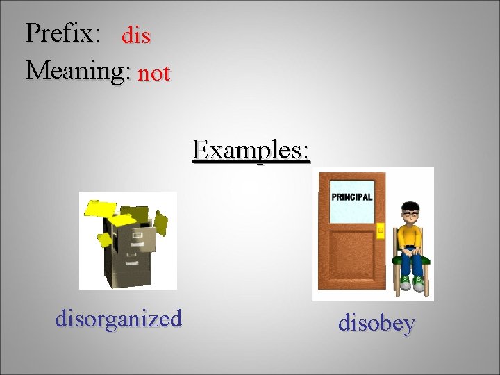 Prefix: dis Meaning: not Examples: disorganized disobey 
