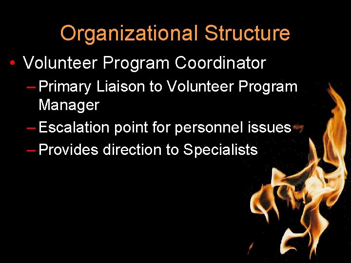 Organizational Structure • Volunteer Program Coordinator – Primary Liaison to Volunteer Program Manager –
