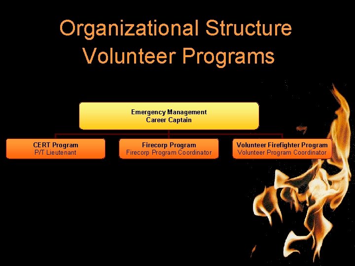 Organizational Structure Volunteer Programs Emergency Management Career Captain CERT Program P/T Lieutenant Firecorp Program