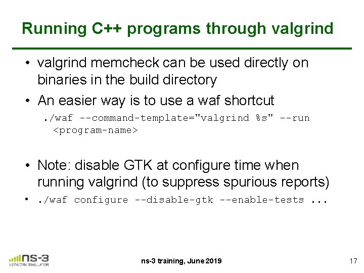 Running C++ programs through valgrind • valgrind memcheck can be used directly on binaries