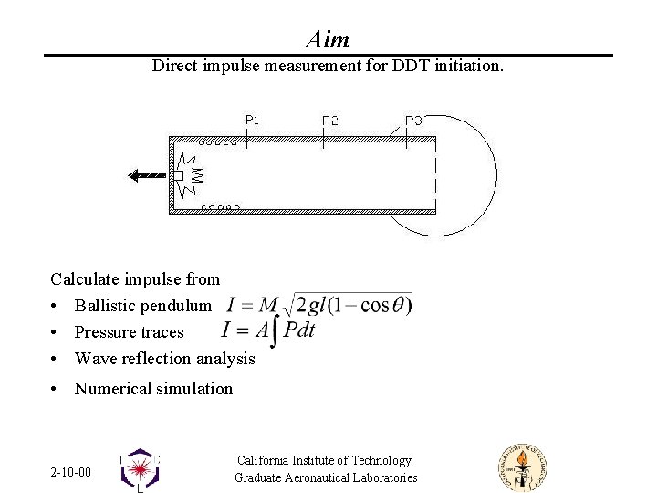 Aim Direct impulse measurement for DDT initiation. Calculate impulse from • Ballistic pendulum •