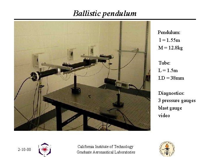 Ballistic pendulum Pendulum: l = 1. 55 m M = 12. 8 kg Tube: