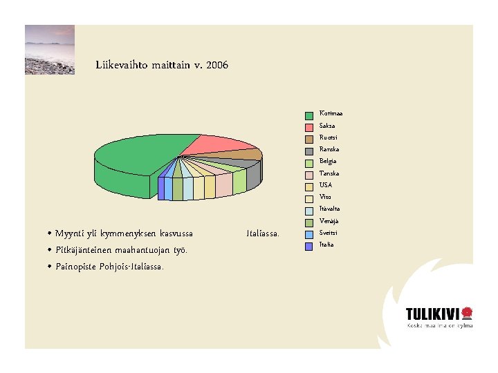 Liikevaihto maittain v. 2006 • Myynti yli kymmenyksen kasvussa • Pitkäjänteinen maahantuojan työ. •