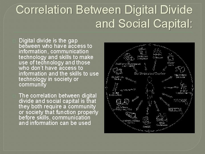 Correlation Between Digital Divide and Social Capital: � Digital divide is the gap between